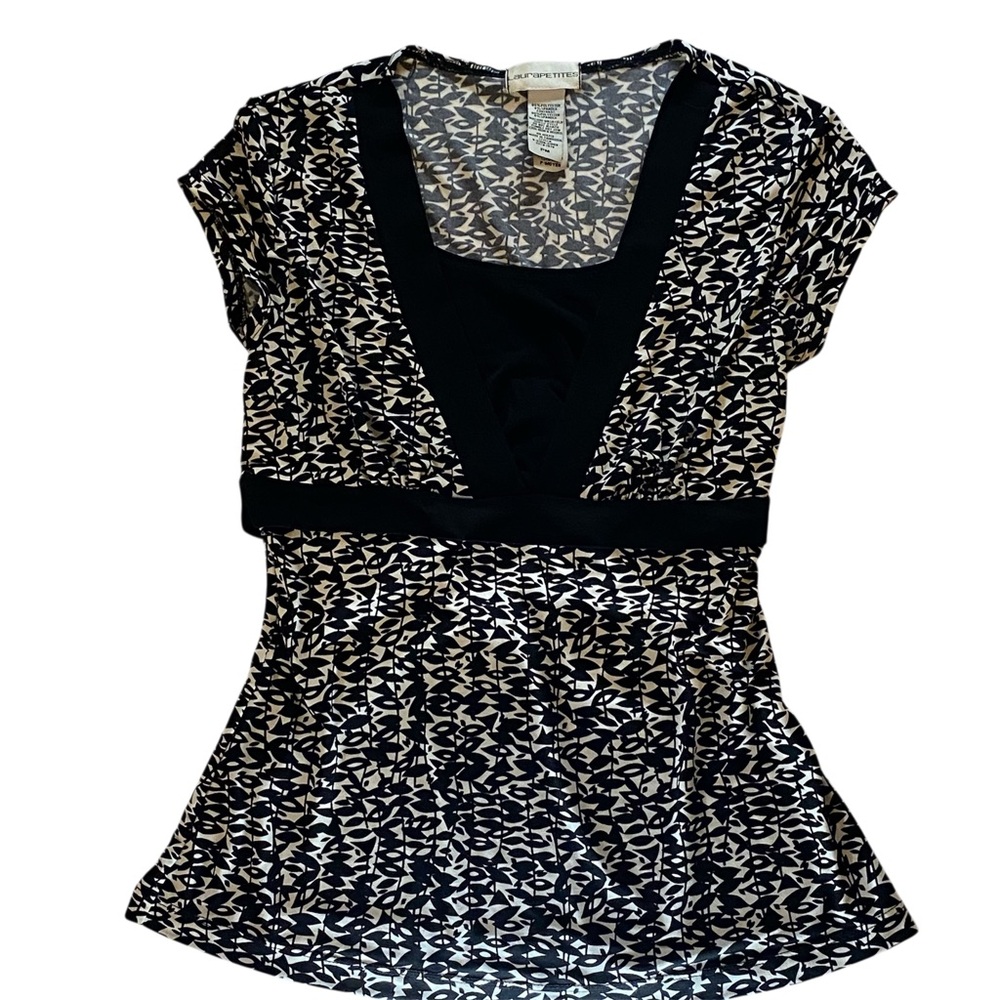 Laura Petites Black & White Geometric Print Empire Waist Tie-Back Top Medium